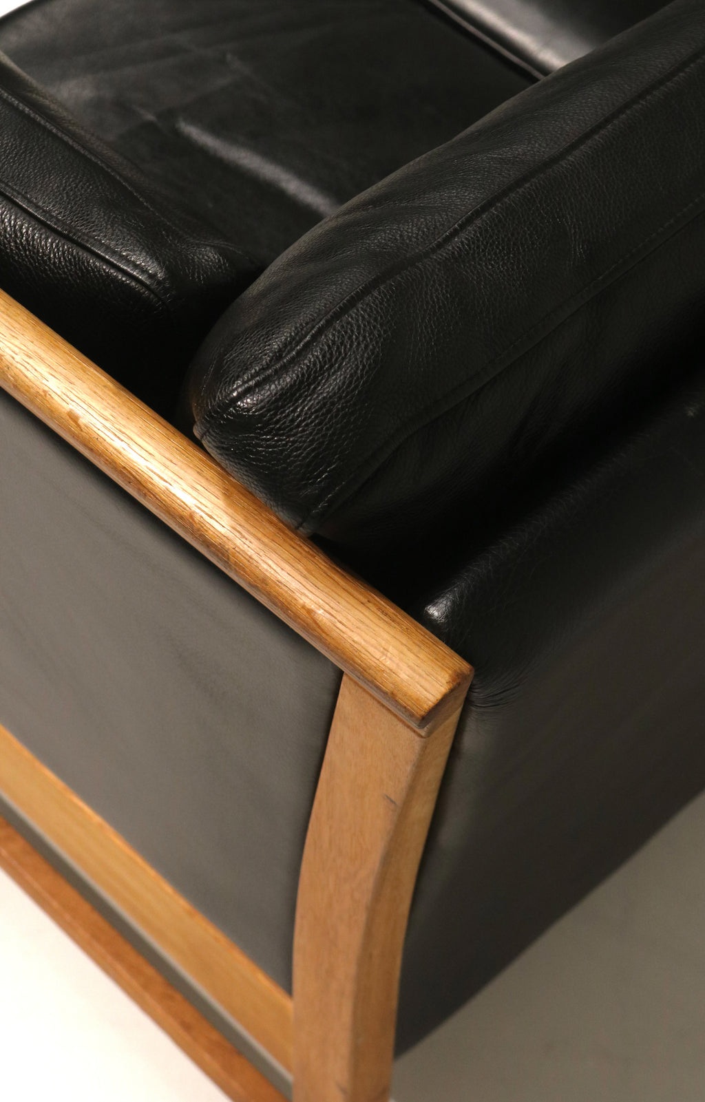 Danish Mcm Vintage Black Leather Oak Sofa Couch 3 Seats