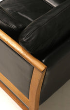 Danish Mcm Vintage Black Leather Oak Sofa Couch 3 Seats