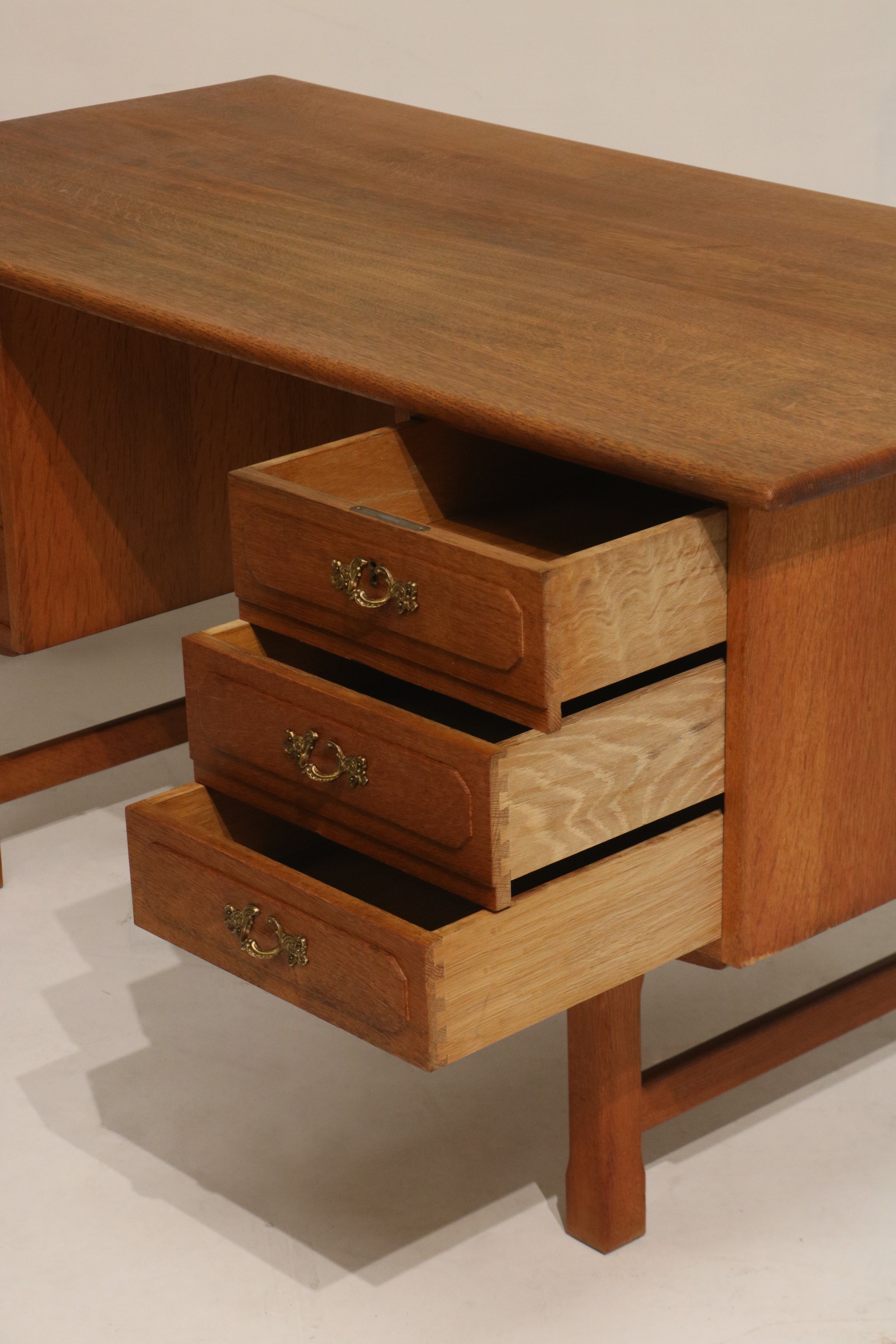 Mid Century Danish Oak Wood Writing Desk With Drawers And Key