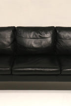 Danish Mcm Vintage Black Leather Oak Sofa Couch 3 Seats