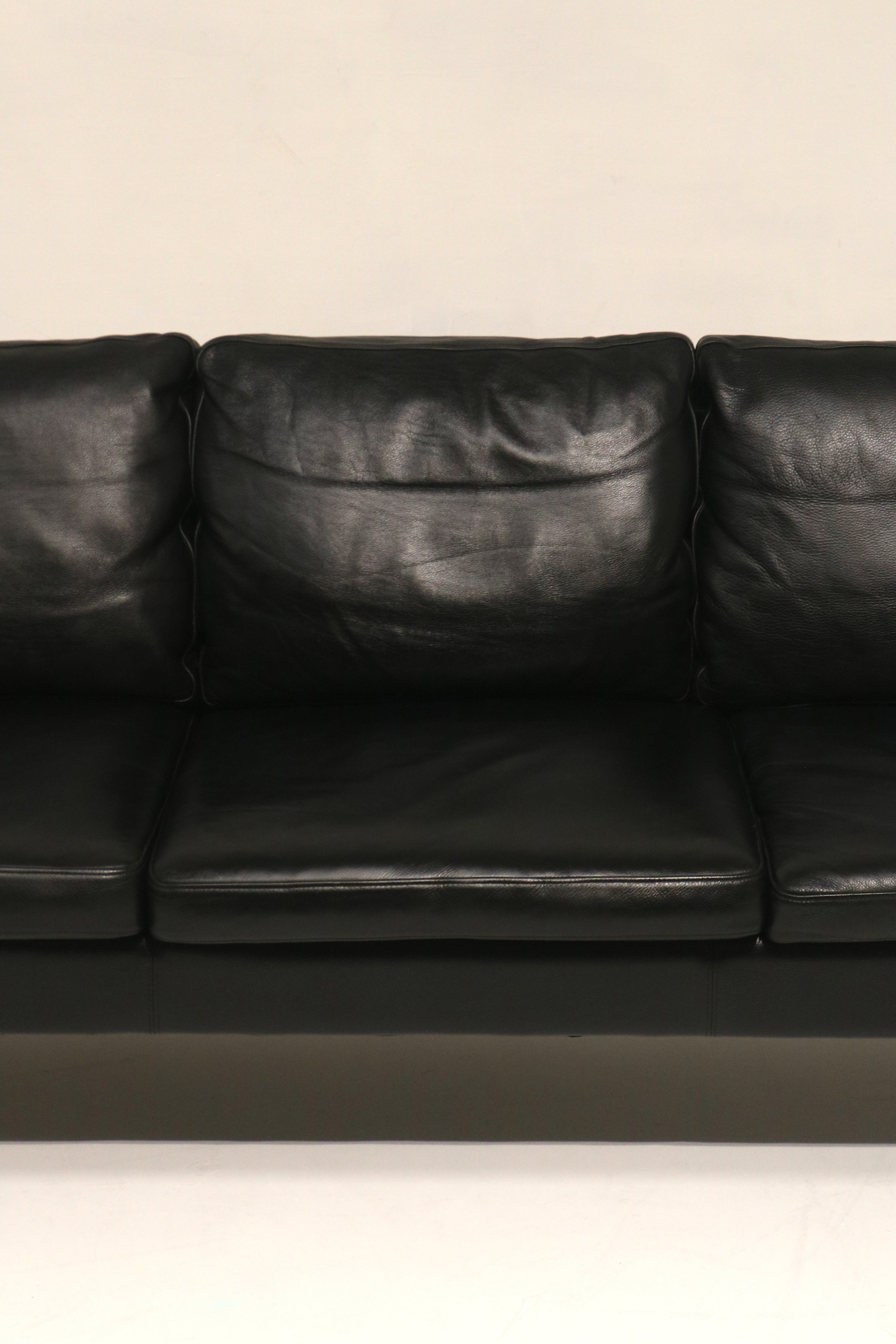 Danish Mcm Vintage Black Leather Oak Sofa Couch 3 Seats