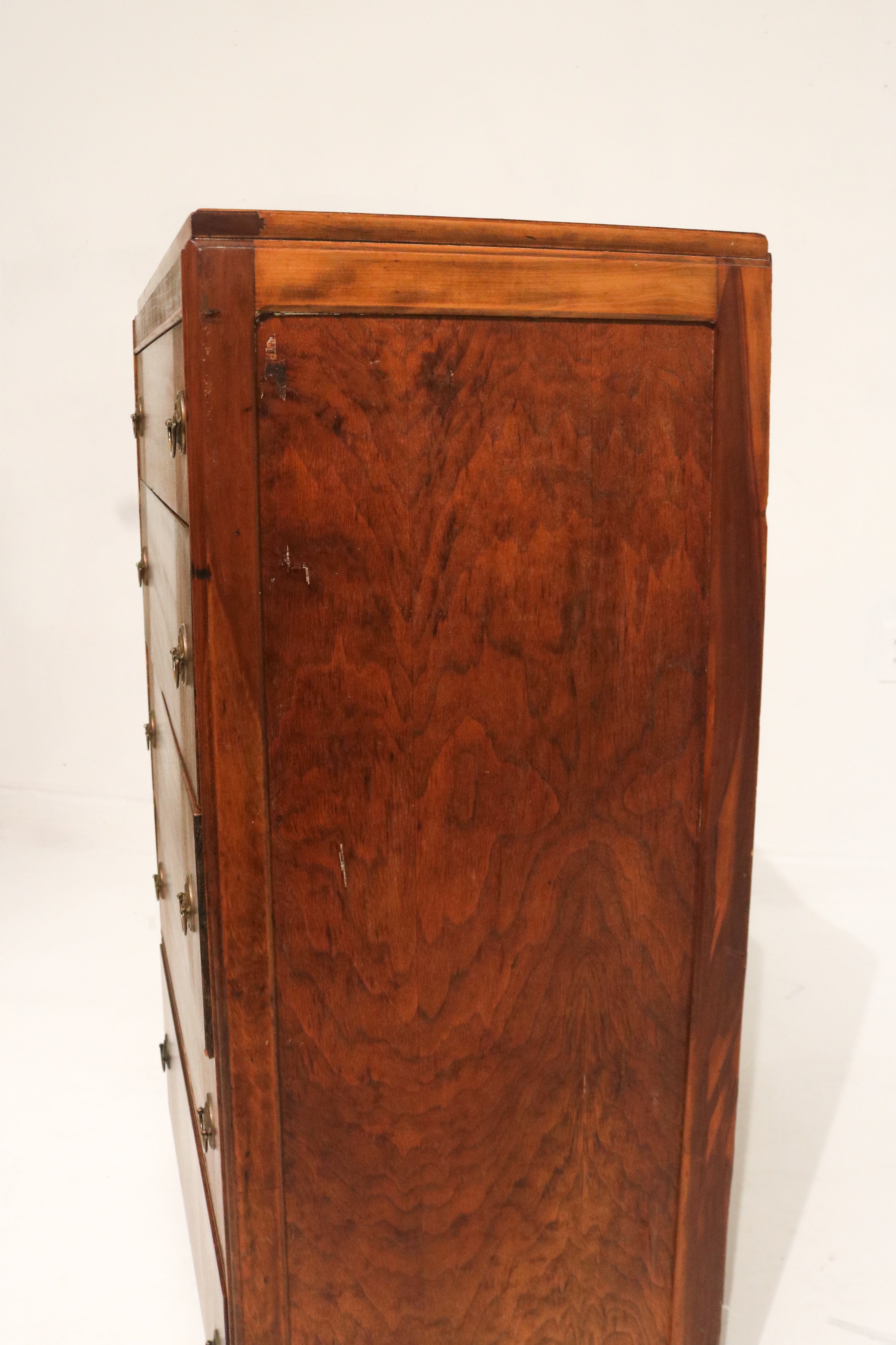 Art Deco Vintage Walnut Wood Tall Dresser Chest Of Drawers