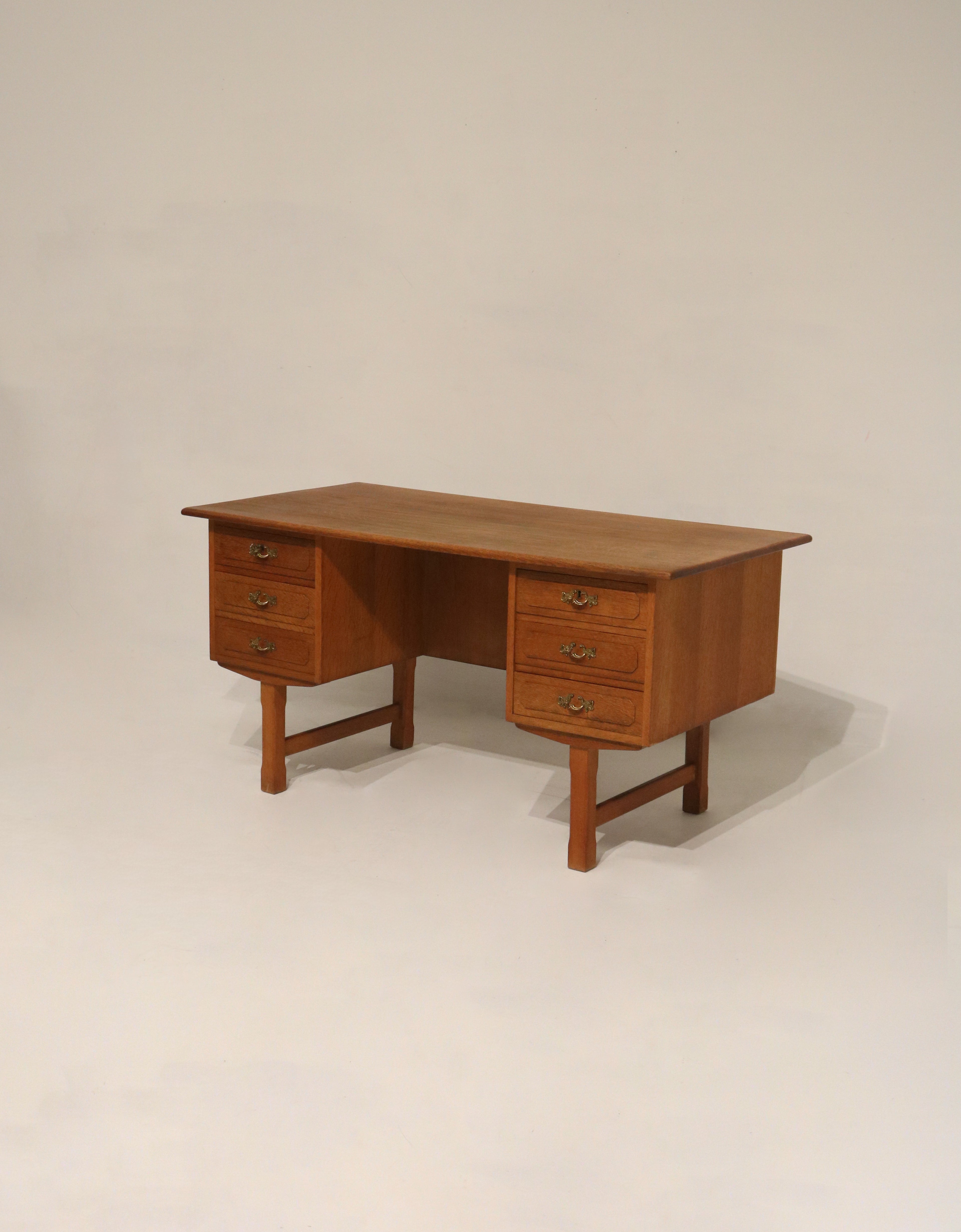 Mid Century Danish Oak Wood Writing Desk With Drawers And Key