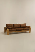 Vintage Swedish Brown Leather Beech Wood Panda Sofa by Åke Fribyter for Nelo Möbler