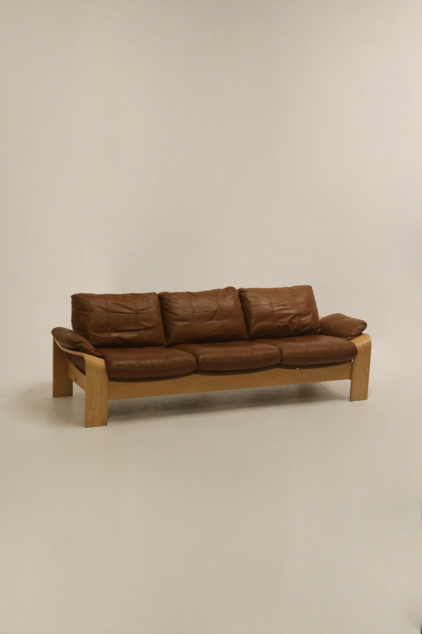 Vintage Swedish Brown Leather Beech Wood Panda Sofa by Åke Fribyter for Nelo Möbler