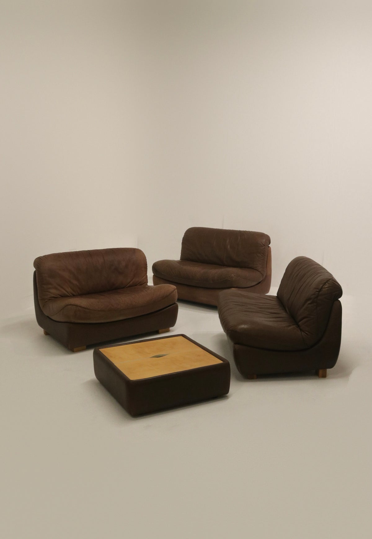 Set Of Vintage 1970s Modular Brown Leather Three-Seater Sofa Couch