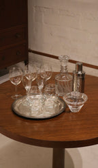 Set Of Vintage Crystal And Glass Barware And Serving Brass Tray