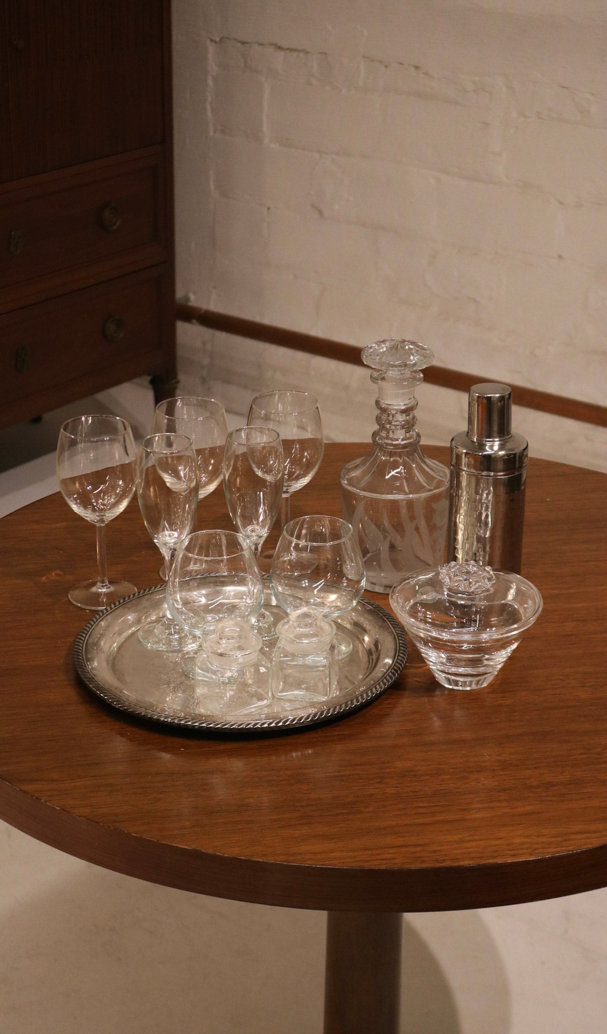 Set Of Vintage Crystal And Glass Barware And Serving Brass Tray