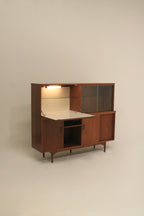 Vintage Mid-Century Modern Walnut Bar Cabinet With Light And Sliding Glass Doors