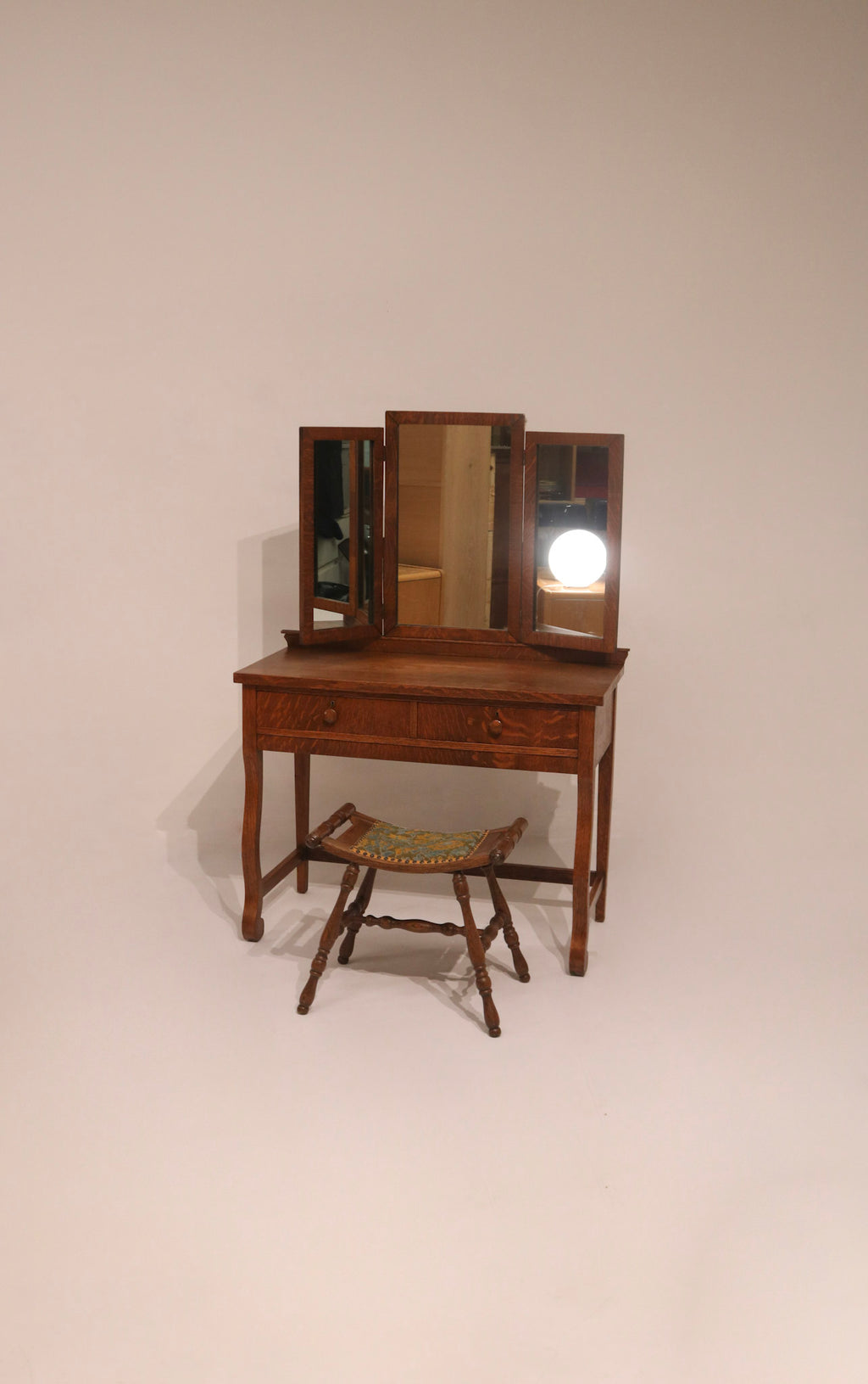 Antique Vintage Oak Vanity Desk Table With Mirror And Stool
