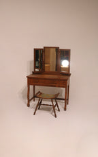 Antique Vintage Oak Vanity Desk Table With Mirror And Stool