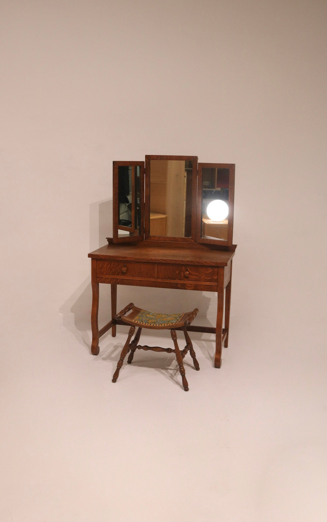 Antique Vintage Oak Vanity Desk Table With Mirror And Stool