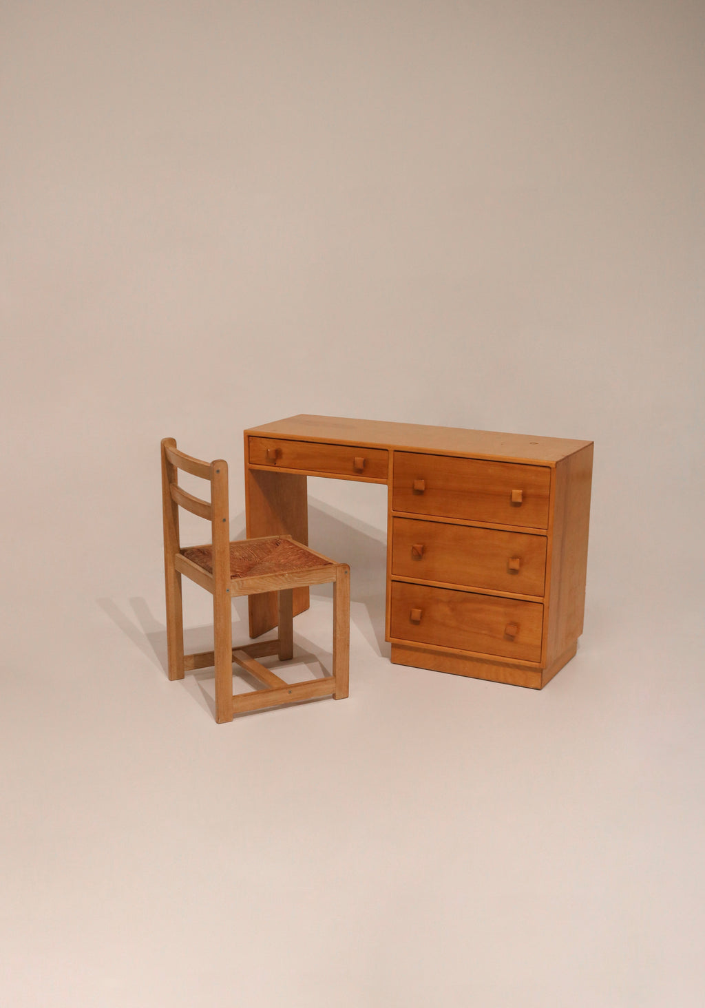 Vintage Set Of Small Oak Desk And Wooden Woven Chair