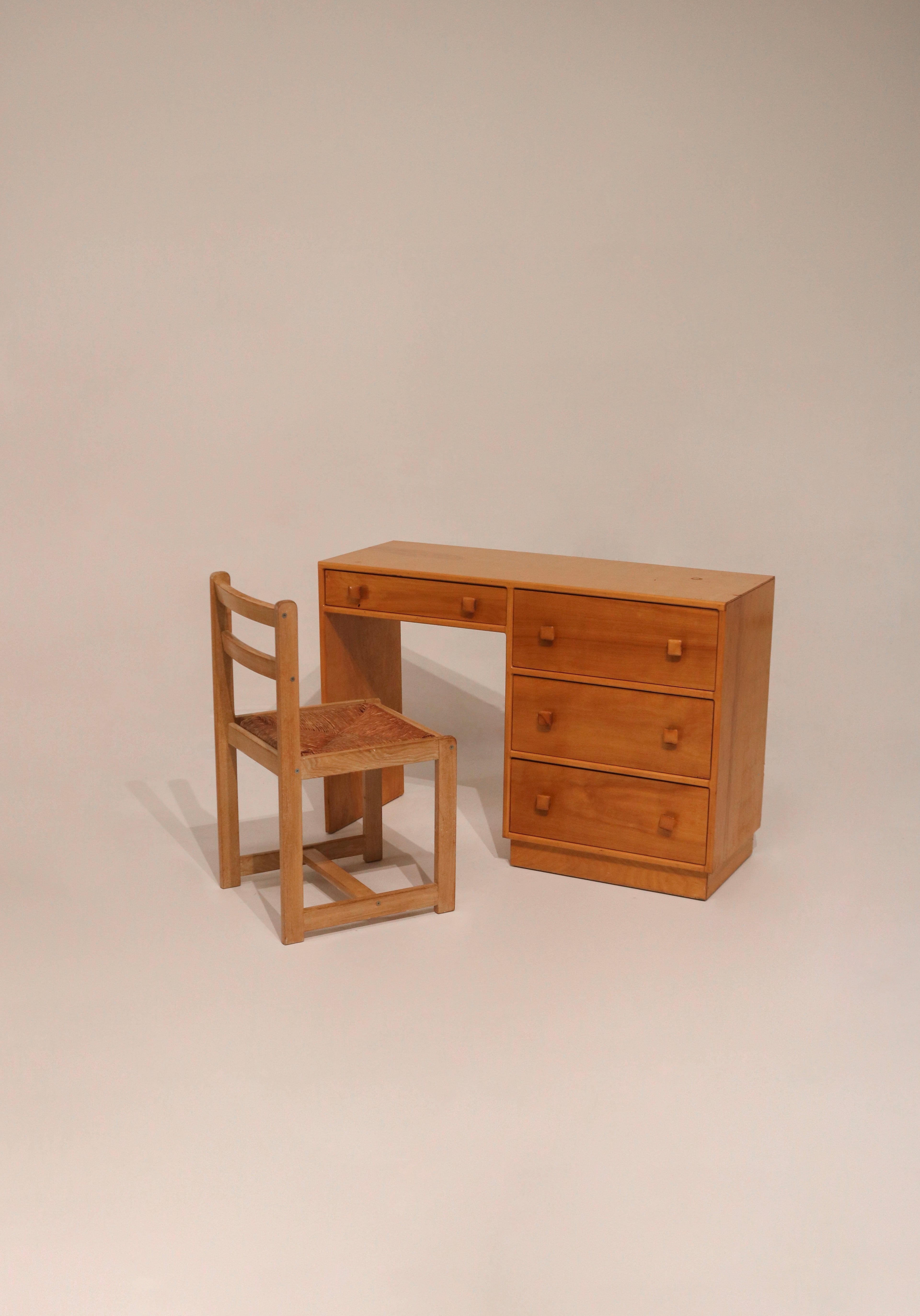 Vintage Set Of Small Oak Desk And Wooden Woven Chair