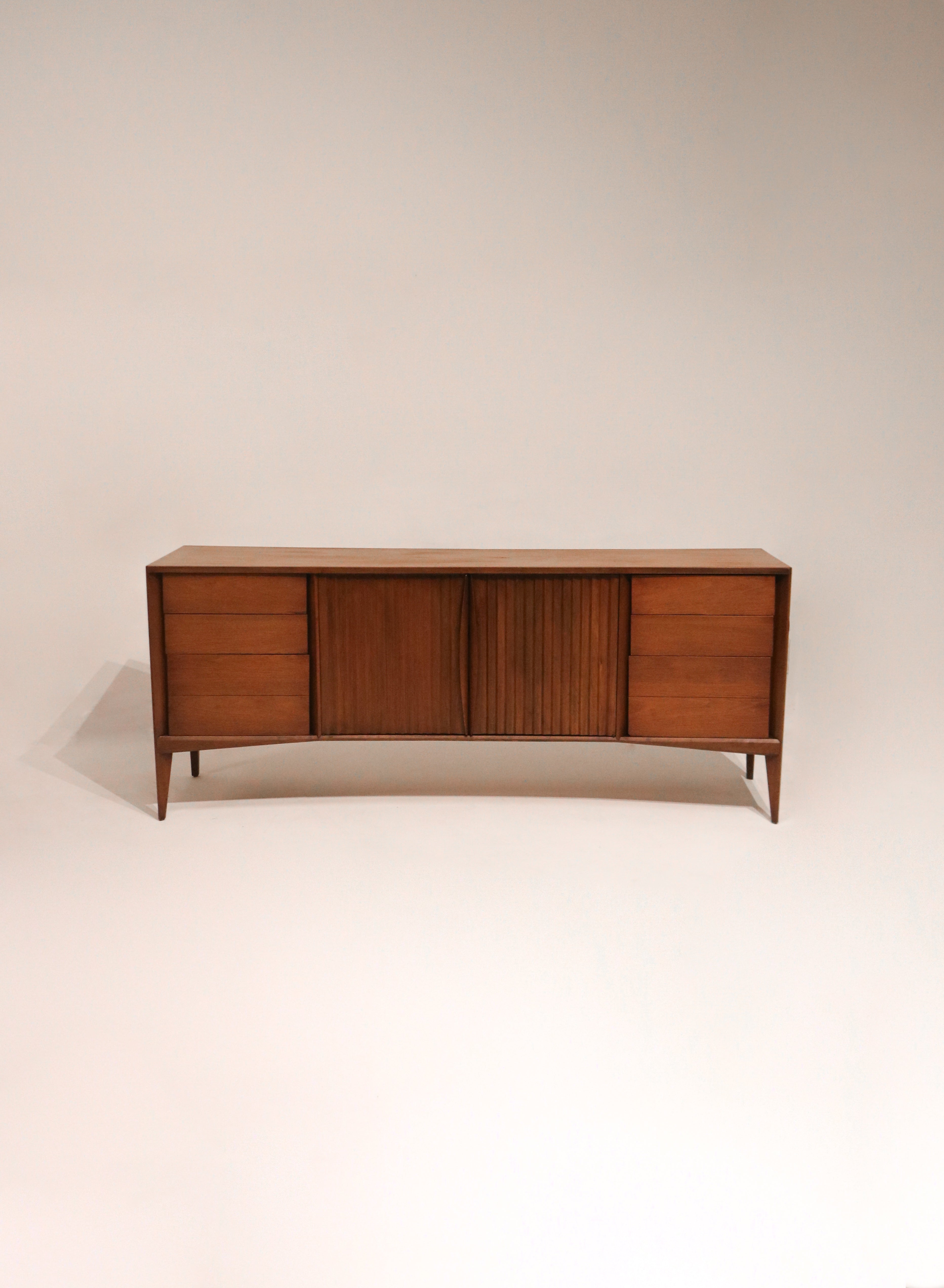 Mid Century Modern Walnut Wood Curved Long 9 Drawers Dresser By Unagusta