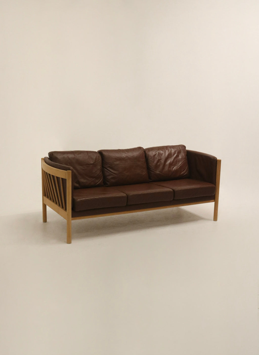 Vintage Danish Mid-Century Modern Brown Leather Beech Wood 3 Seats Sofa Couch