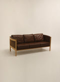 Vintage Danish Mid-Century Modern Brown Leather Beech Wood 3 Seats Sofa Couch