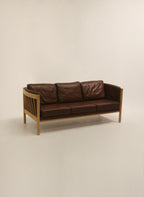 Vintage Danish Mid-Century Modern Brown Leather Beech Wood 3 Seats Sofa Couch