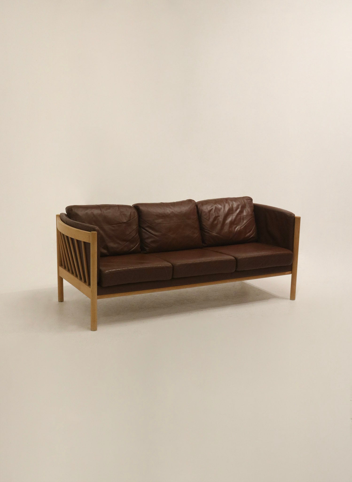 Vintage Danish Mid-Century Modern Brown Leather Beech Wood 3 Seats Sofa Couch