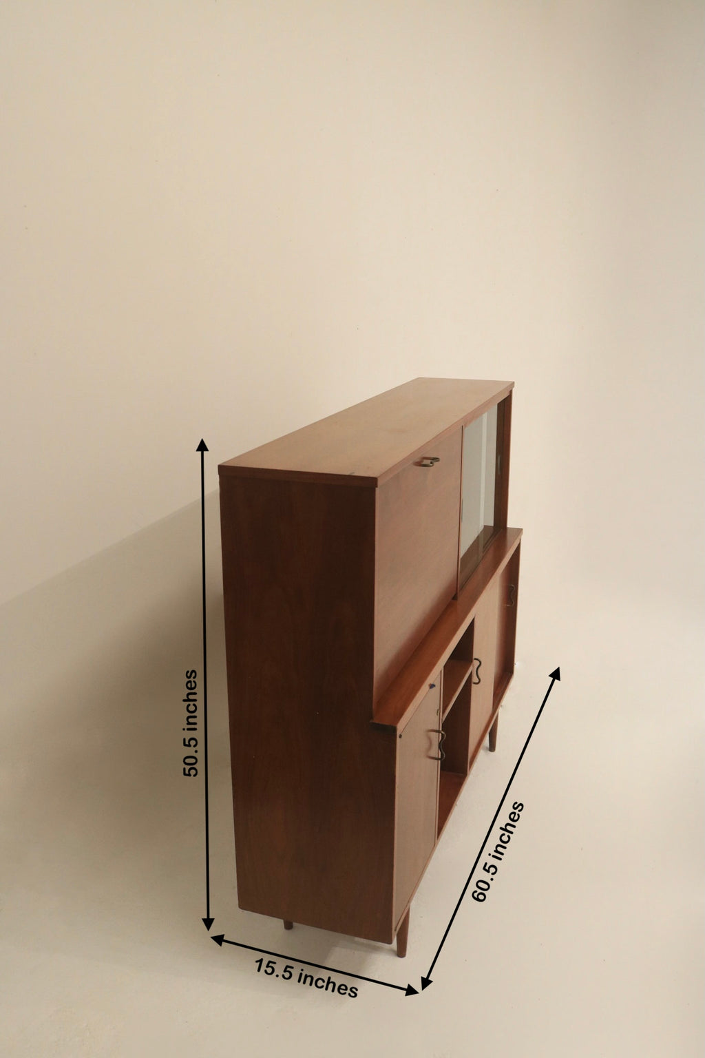 Vintage Mid-Century Modern Walnut Bar Cabinet With Light And Sliding Glass Doors