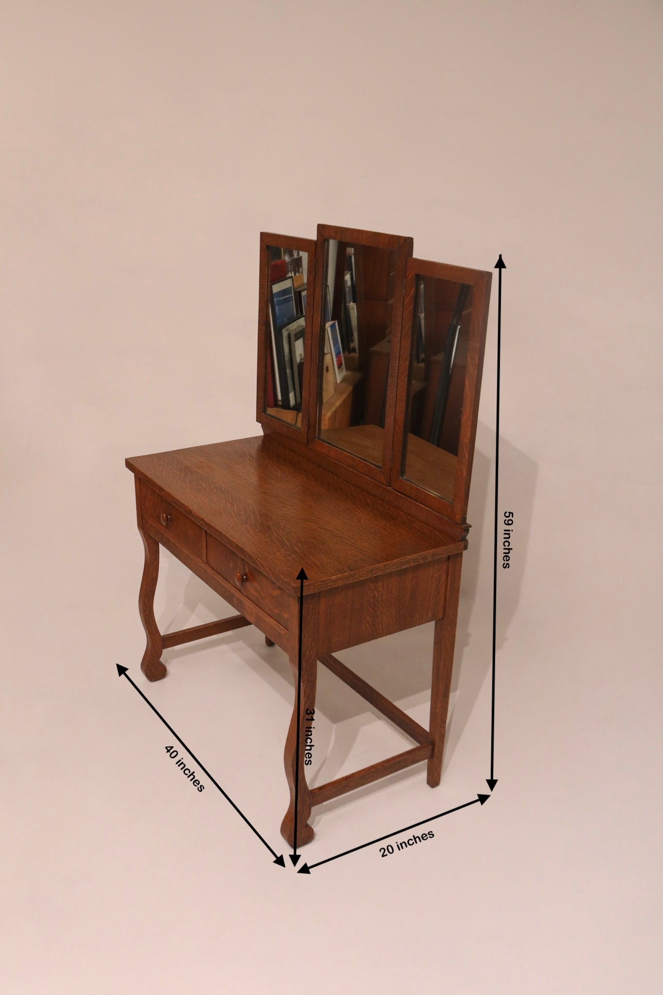 Antique Vintage Oak Vanity Desk Table With Mirror And Stool