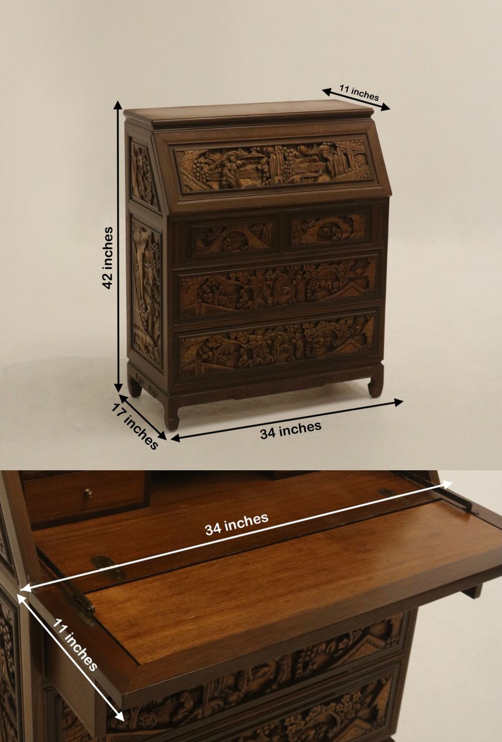 Vintage Chinese Hand-carved Hardwood Secretary Desk Dresser