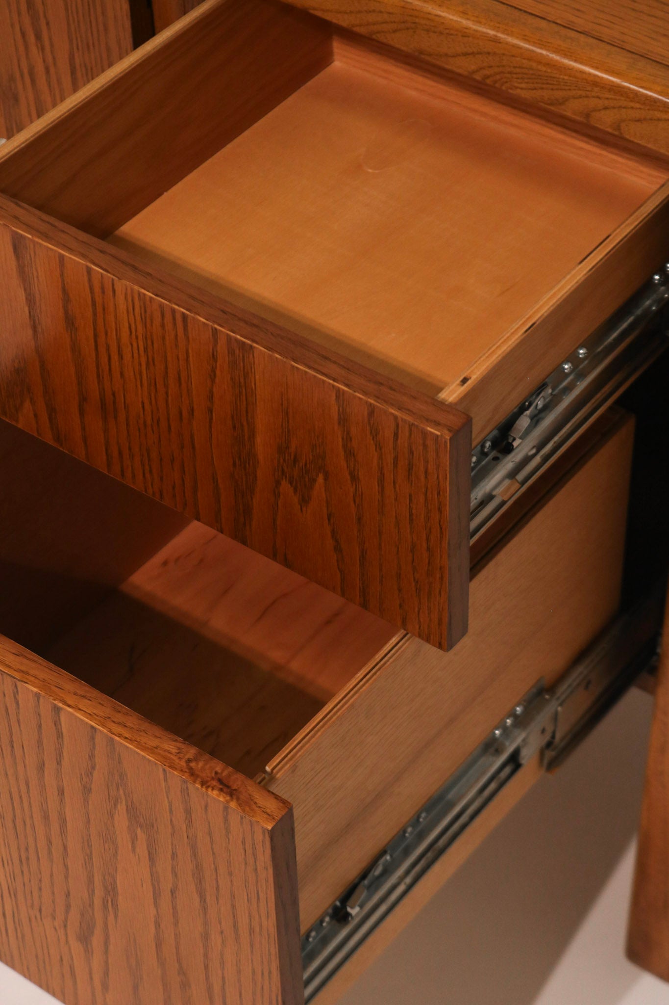 Angled view of drawers open demonstrating functionality and depth