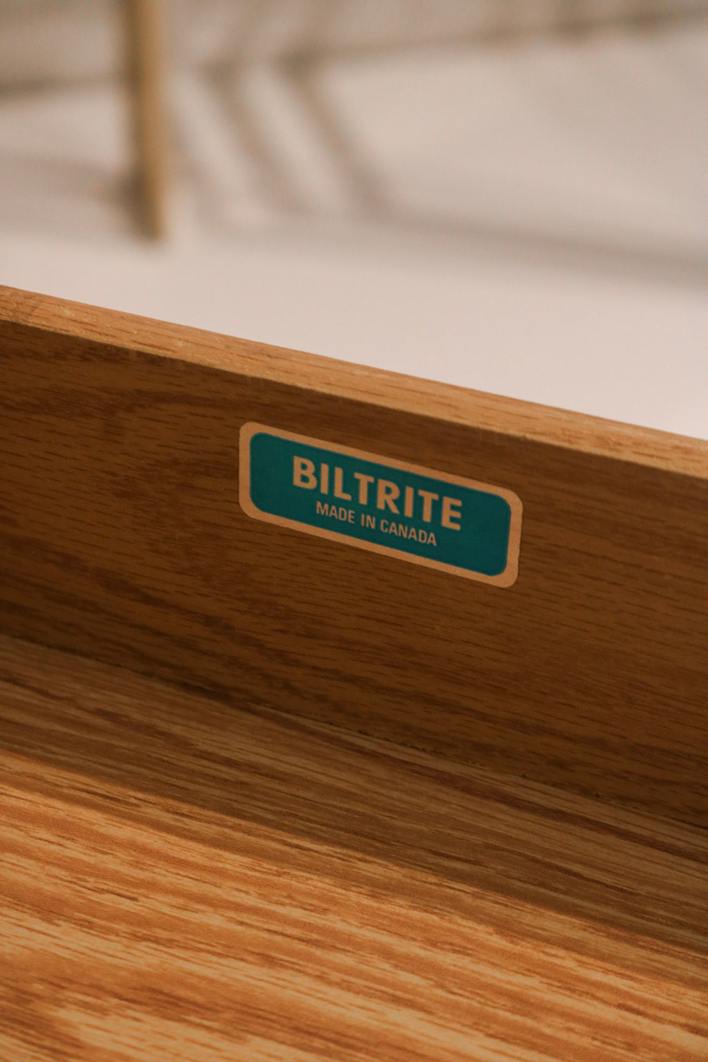 Biltrite Furniture Canada manufacturer label inside drawer verifying authenticity