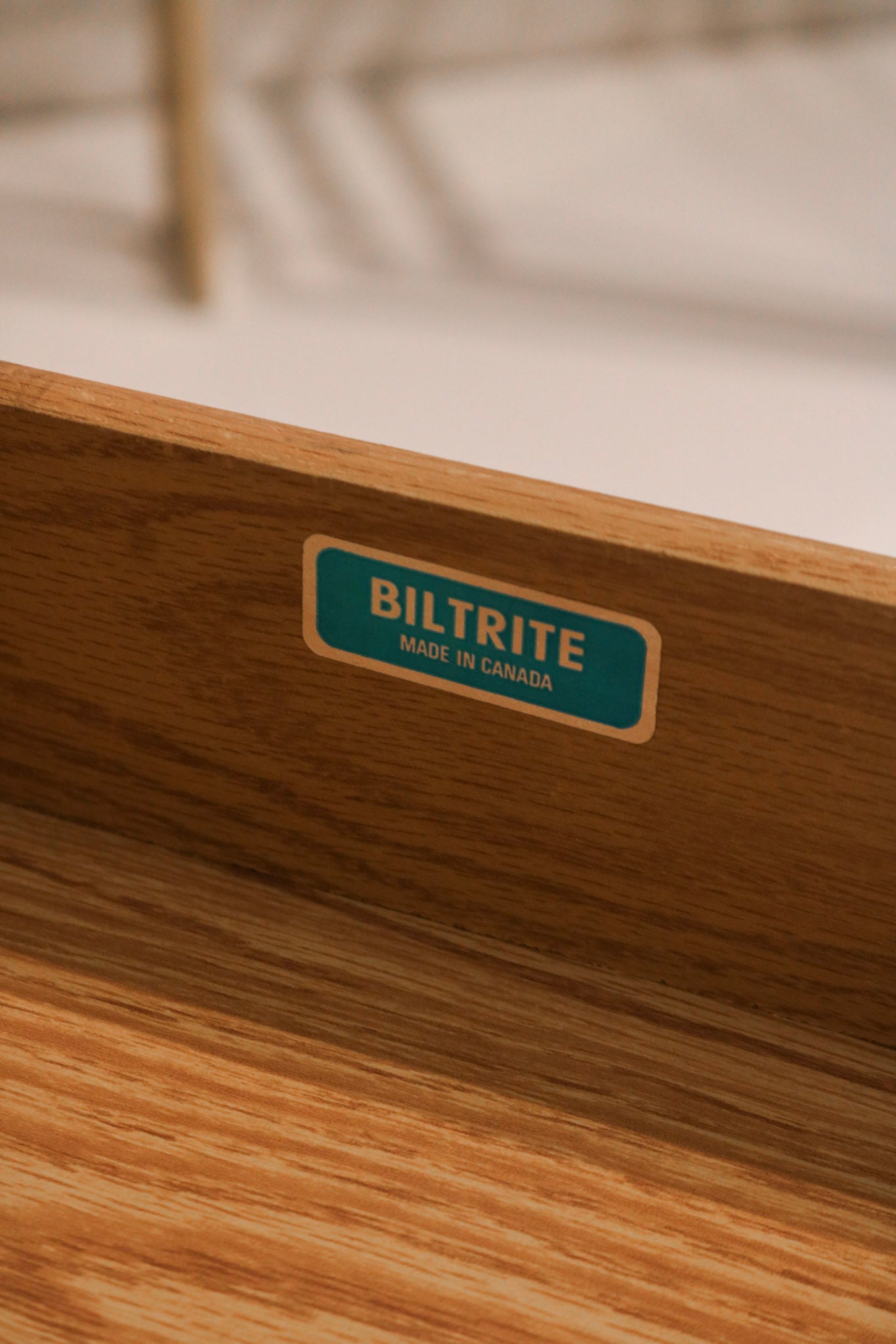 Biltrite Furniture Canada manufacturer label inside drawer verifying authenticity