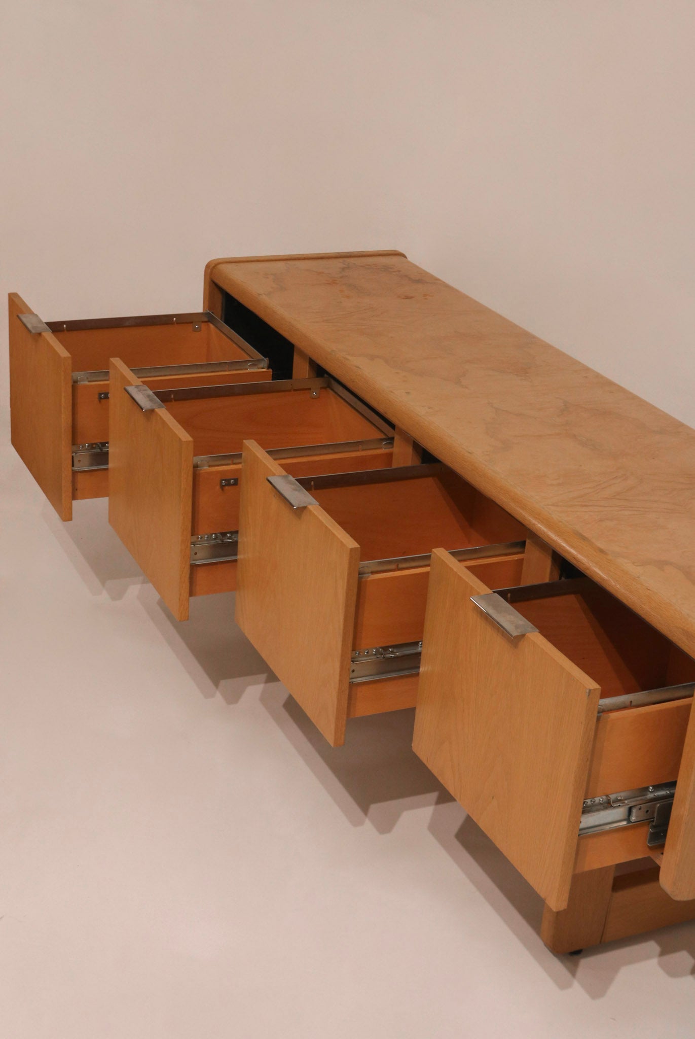 Full front view vintage burl and oak wood credenza with drawer and cabinet configuration