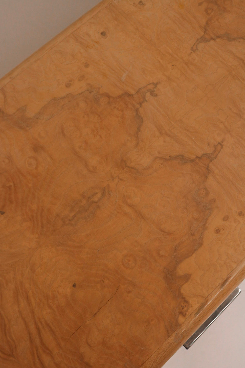 Left side angle view vintage burl and oak wood sideboard 1980s design