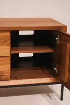 View of the cabinet door open showing high-quality hinge hardware