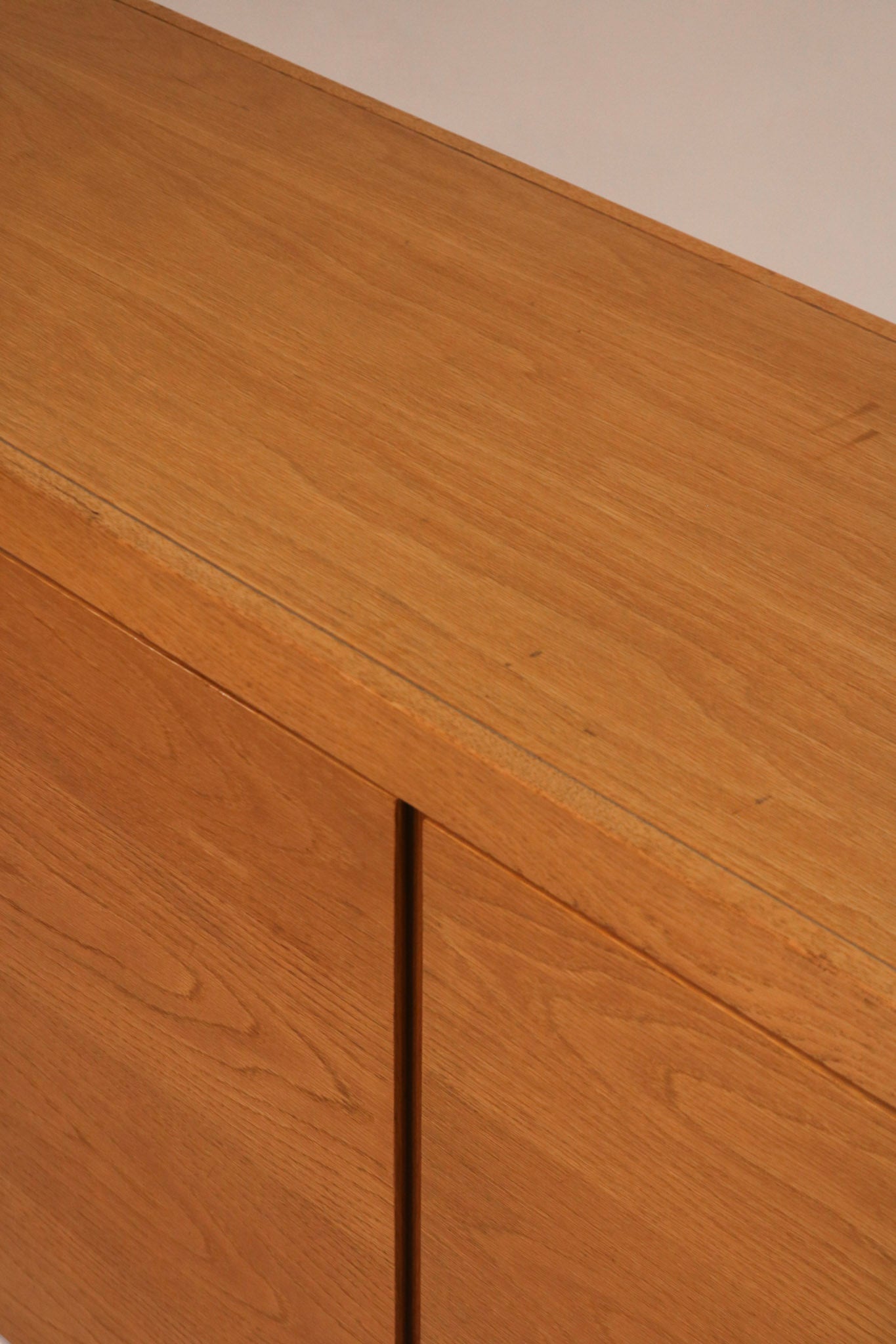 View with cabinet doors open showing interior shelving layout