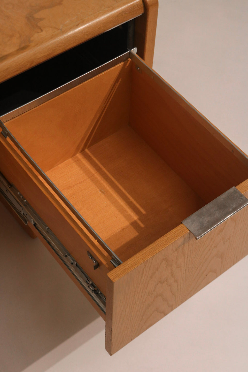 Back view vintage burl oak credenza showing construction and wood finish
