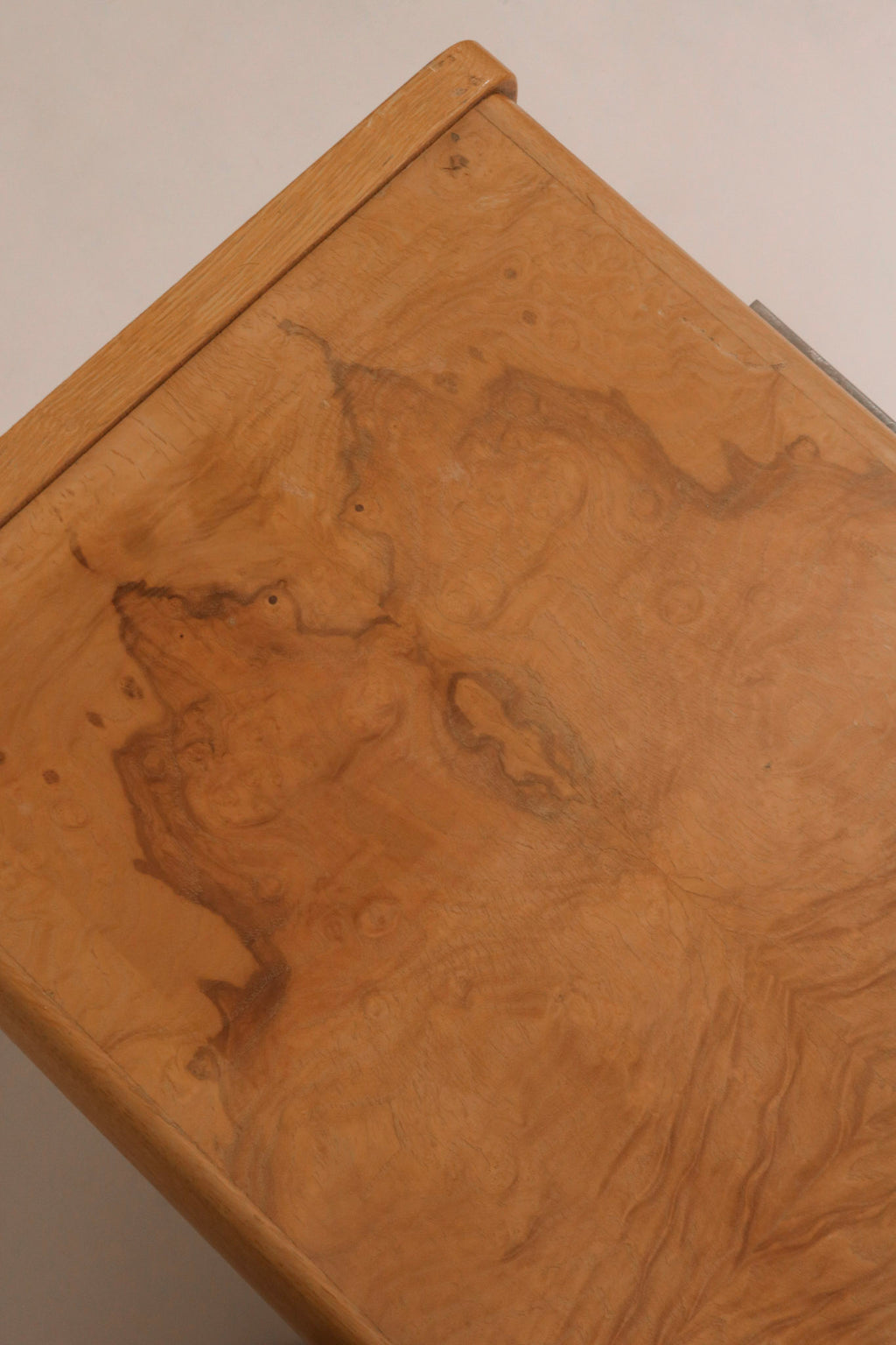 Overhead top view vintage credenza showing layout and surface with stains