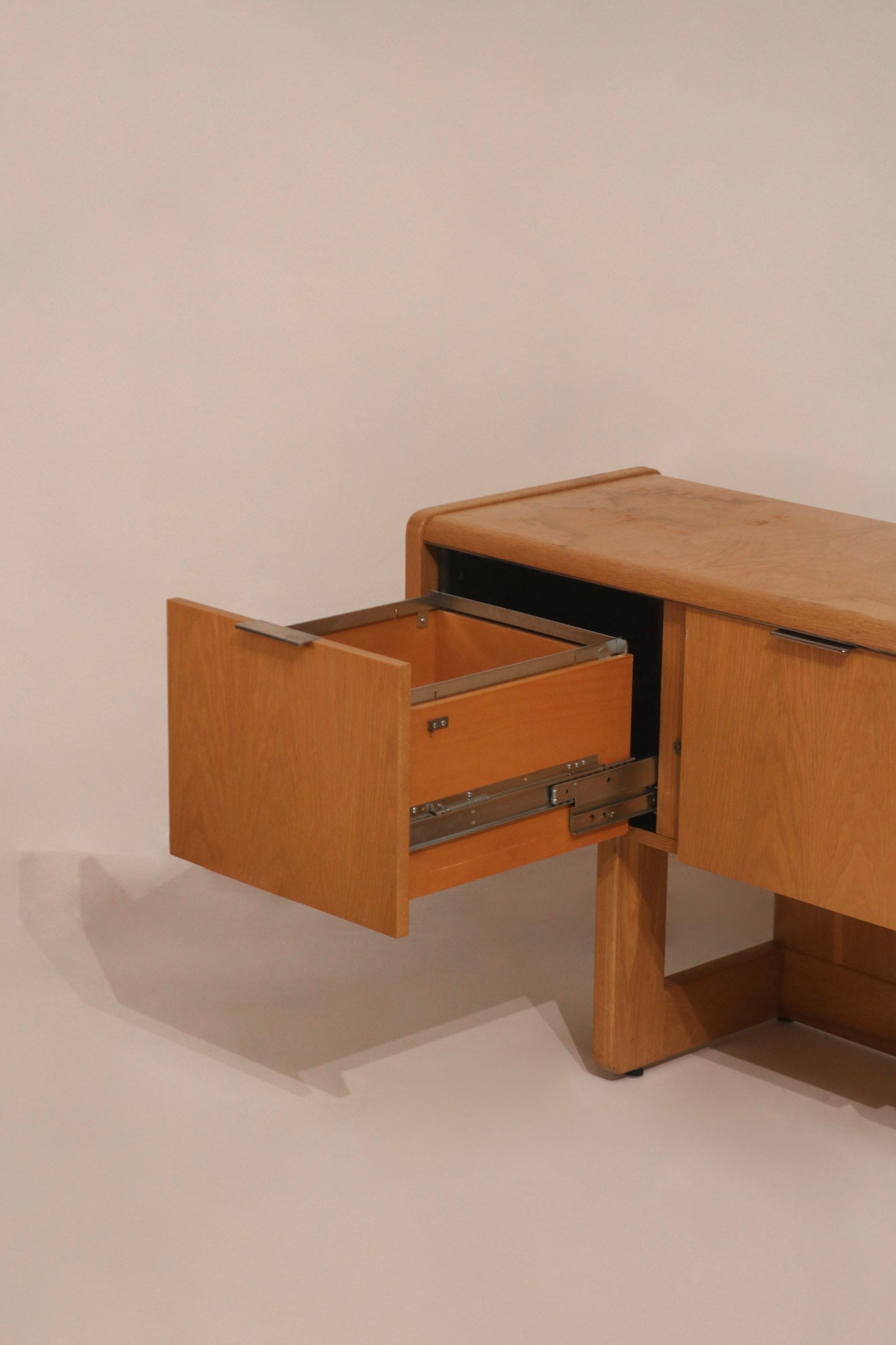 Top surface detail vintage credenza showing red stains and oak wood finish