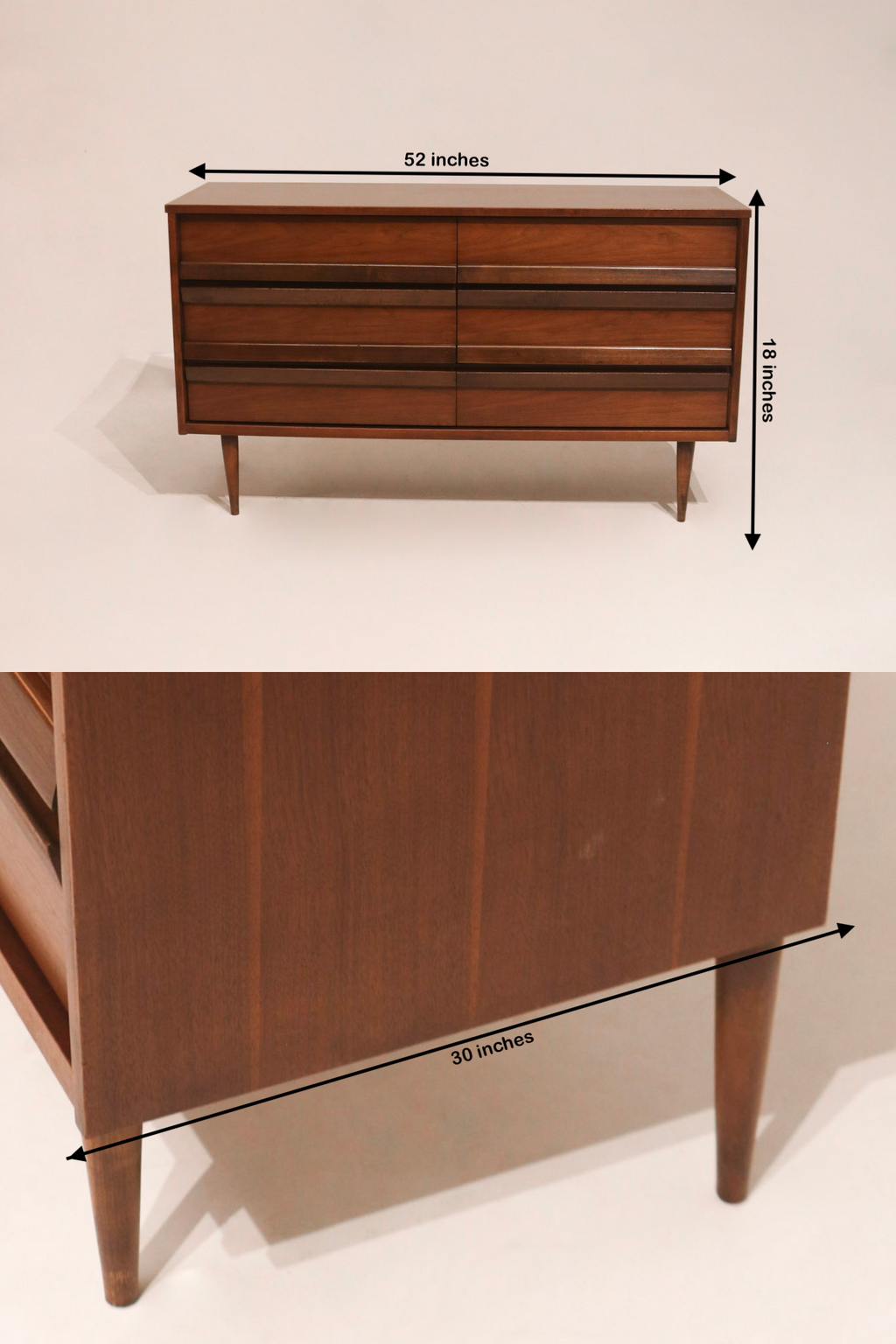 Main view of Mcm Vintage Walnut 6 Drawers Lowboy Dresser by Bassett in solid wood with mid-century style