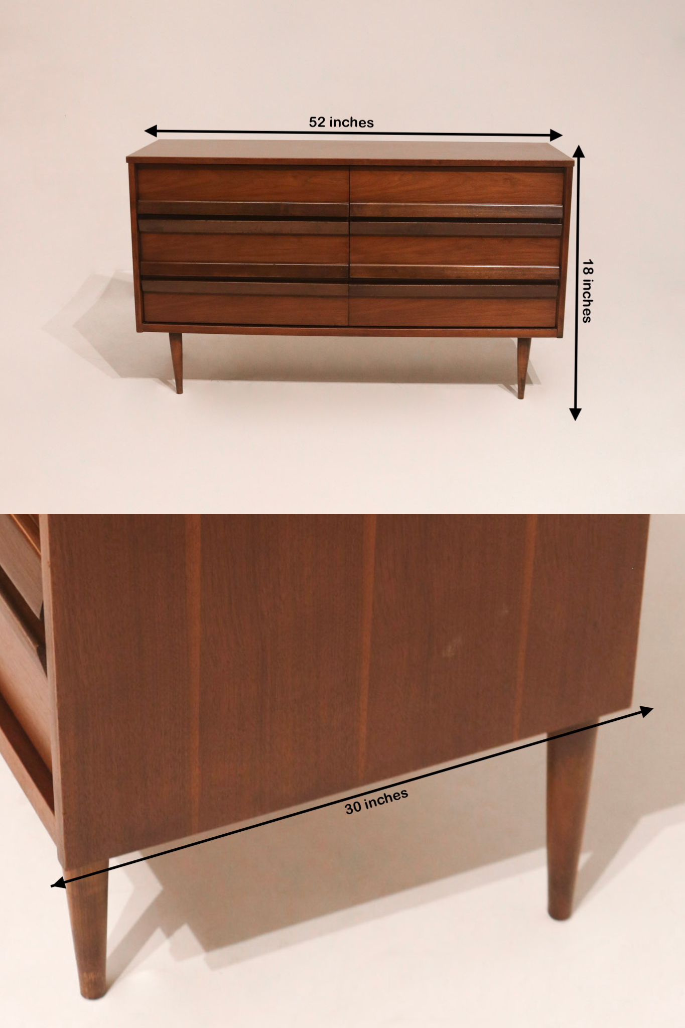 Main view of Mcm Vintage Walnut 6 Drawers Lowboy Dresser by Bassett in solid wood with mid-century style