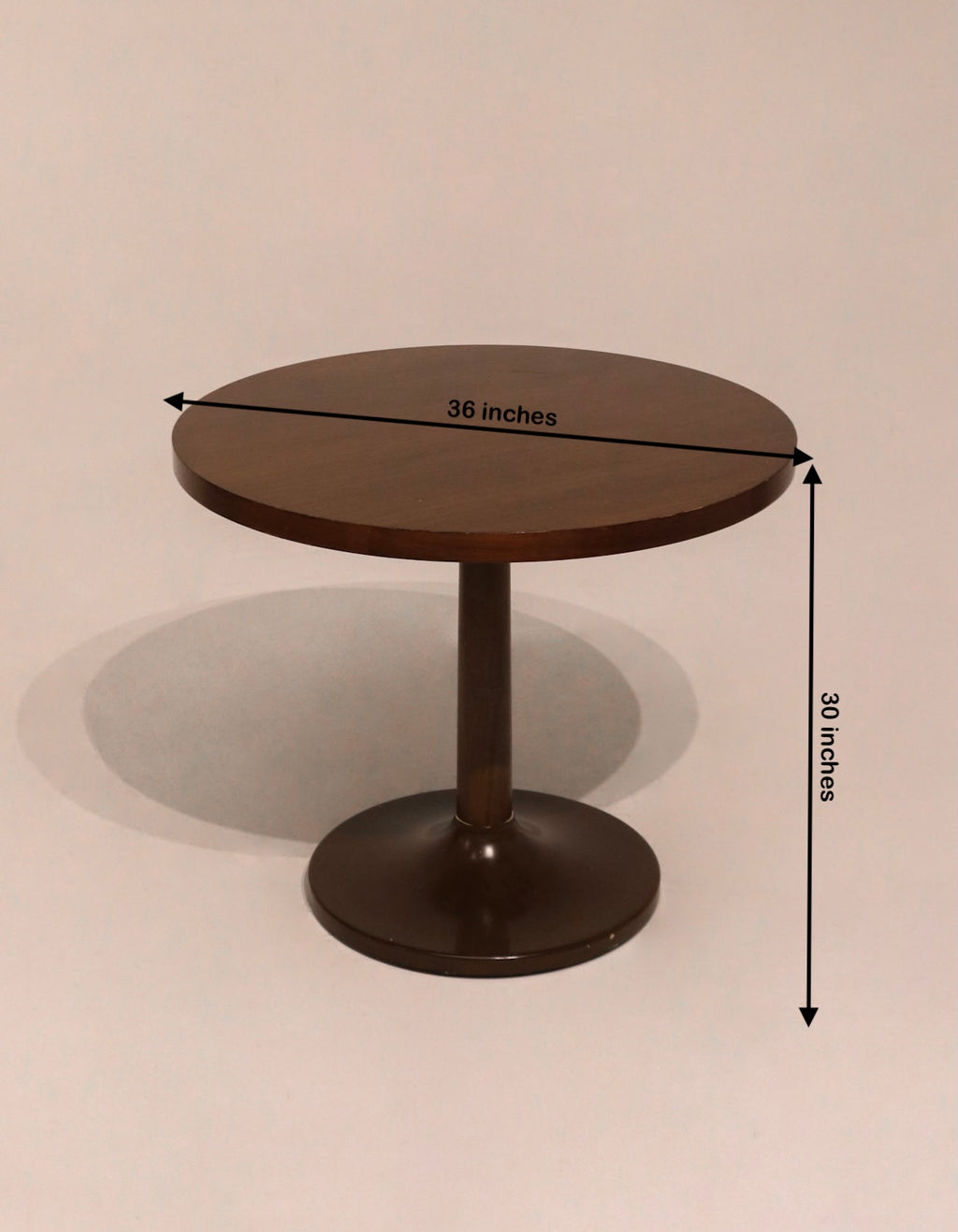 Measurement view of wooden bistro table displaying size 36 inches diameter and 30 inches height