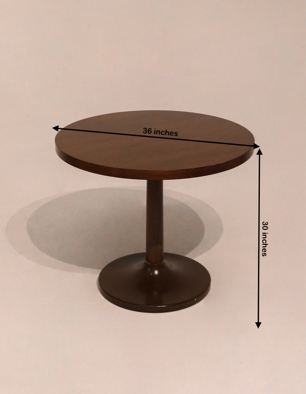 Measurement view of wooden bistro table displaying size 36 inches diameter and 30 inches height