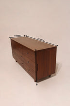 Size reference of the Mcm walnut wood lowboy dresser showing 52 inches long, 18 deep, and 26 high