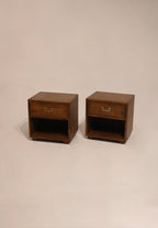 Main view of Vintage Mcm Oak Wood Nightstand Bedside Tables by Henredon, featuring natural oak finish and sturdy wood frame