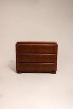 Front full view of Art Deco vintage burlwood dresser chest with three drawers in wood finish