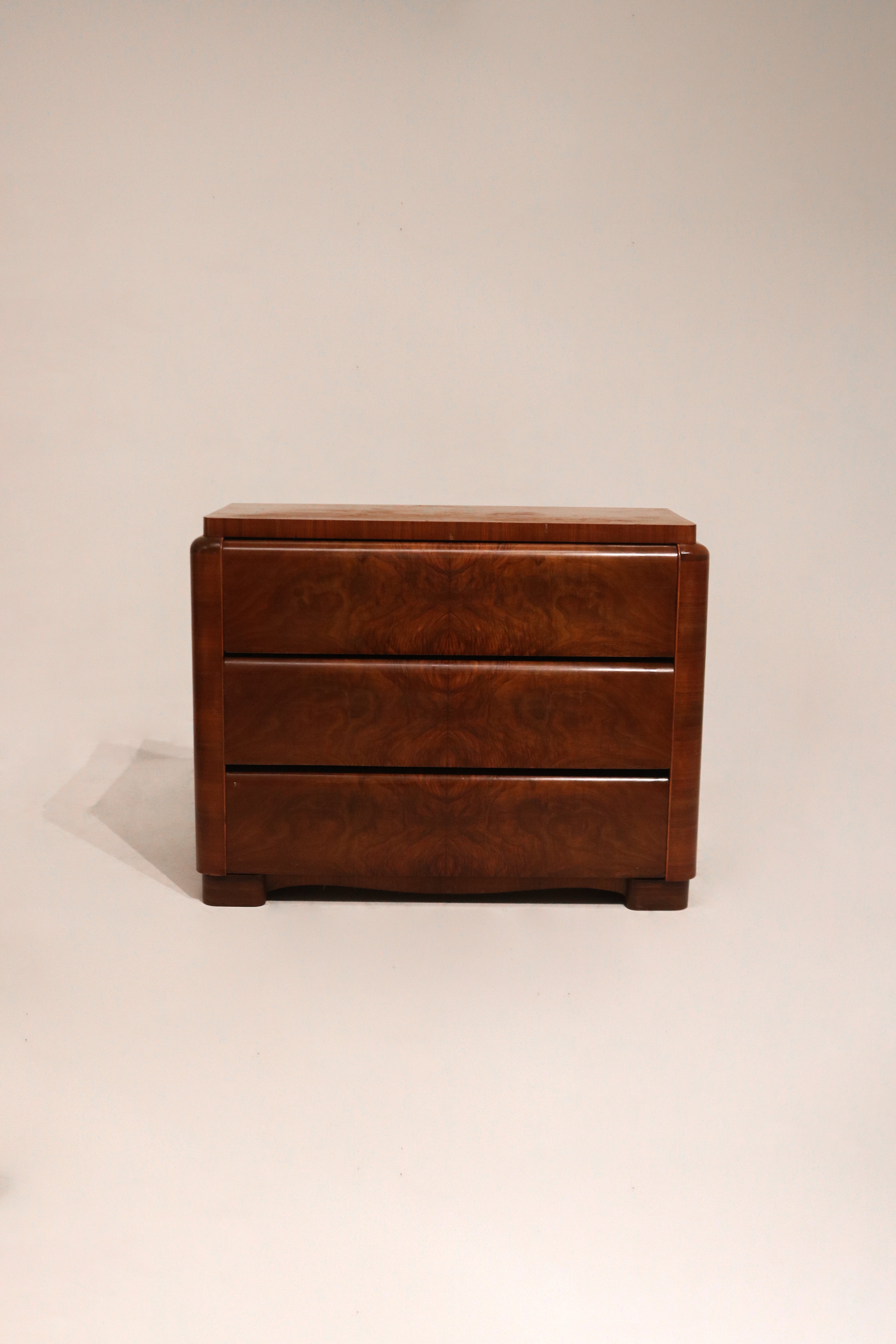 Front full view of Art Deco vintage burlwood dresser chest with three drawers in wood finish