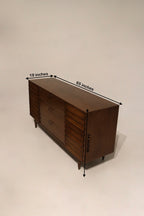 Size view of walnut solid wood dresser with dimensions 65L x 19D x 34H showing scale and profile