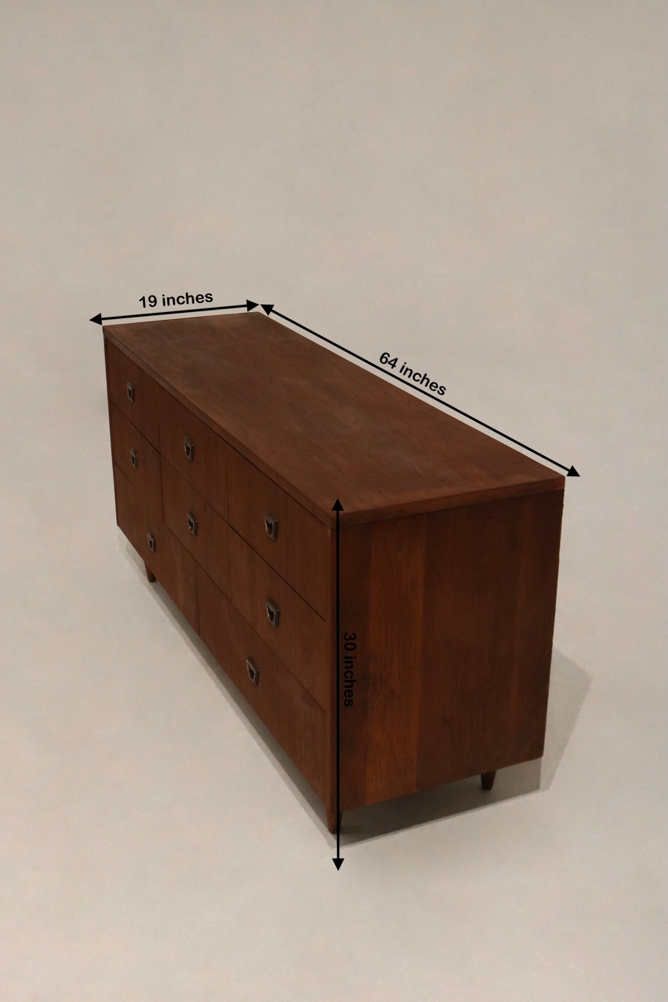 Dimensions image of walnut dresser: 64 inches long, 19 inches deep, 30 inches high