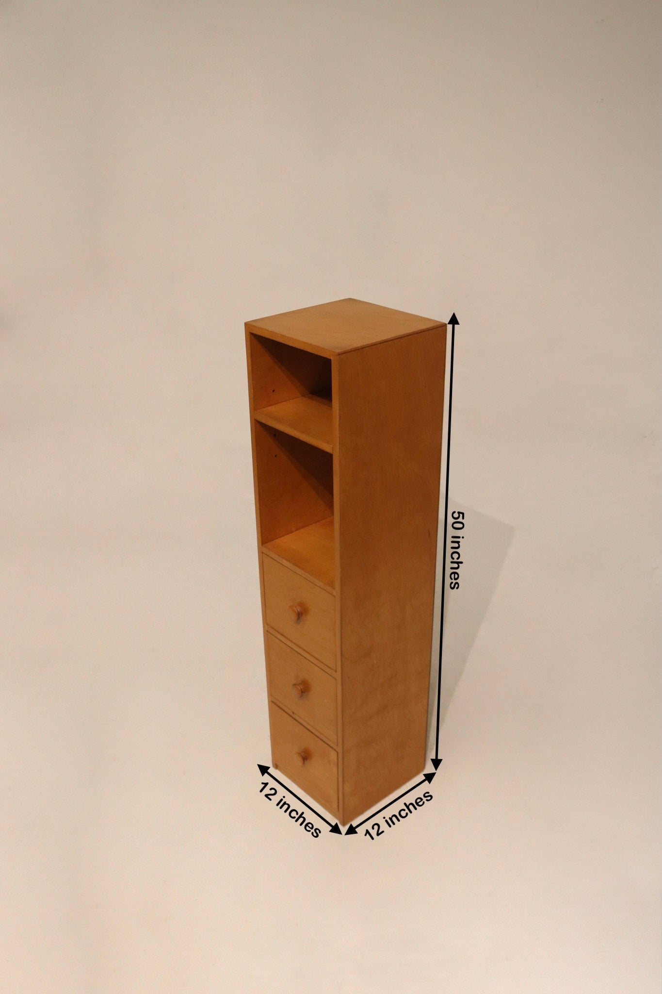 Detailed image showing dimensions of oak wood bookcase – 12x12x50 inches