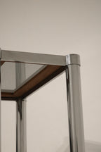 Perspective view showing depth and height of shelves on Vintage Chrome Glass Wood Bookcase