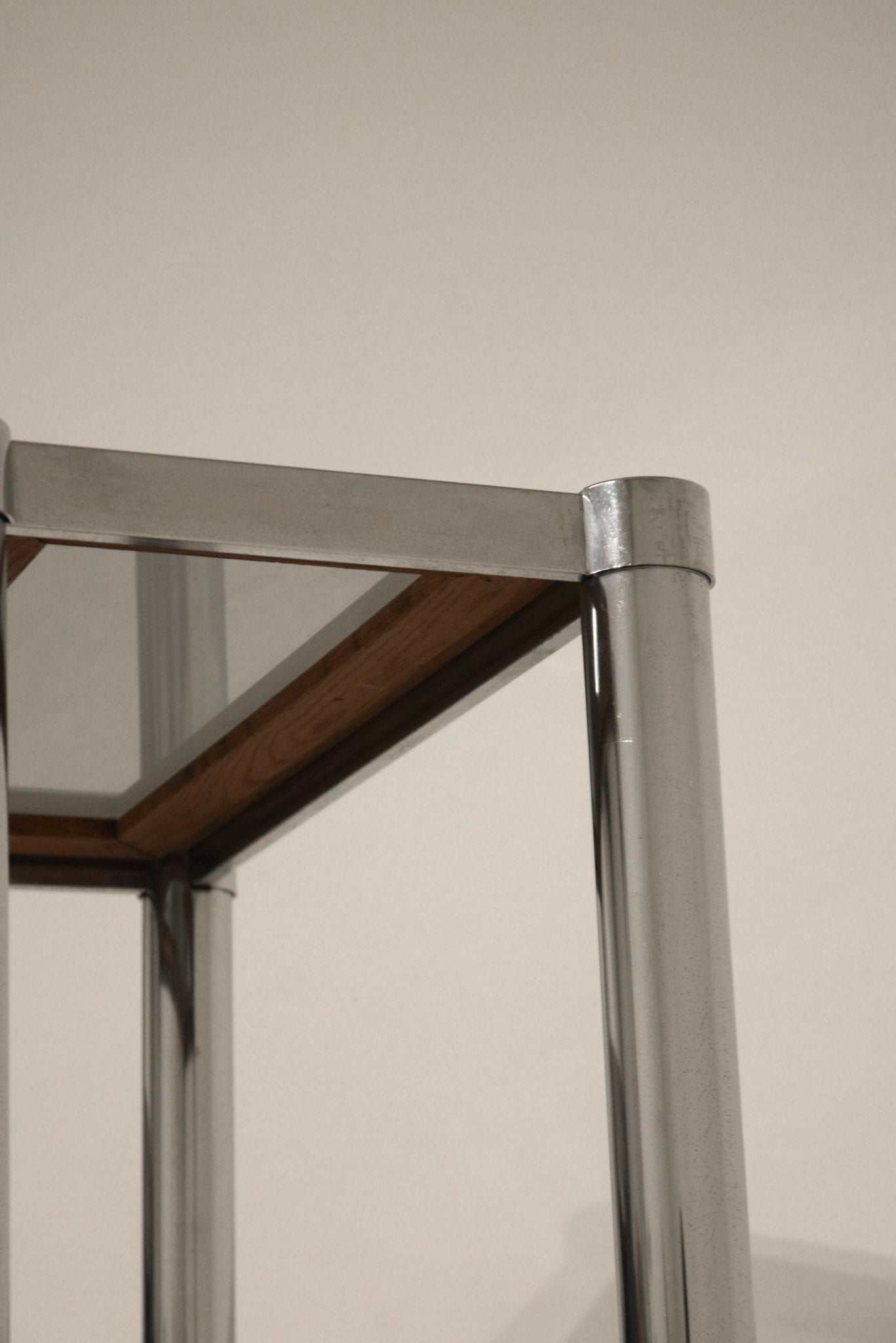 Perspective view showing depth and height of shelves on Vintage Chrome Glass Wood Bookcase