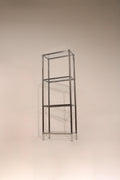 Full view of Vintage Mcm Chrome Steel Glass Bookcase Bookshelf with chrome frame and glass shelves